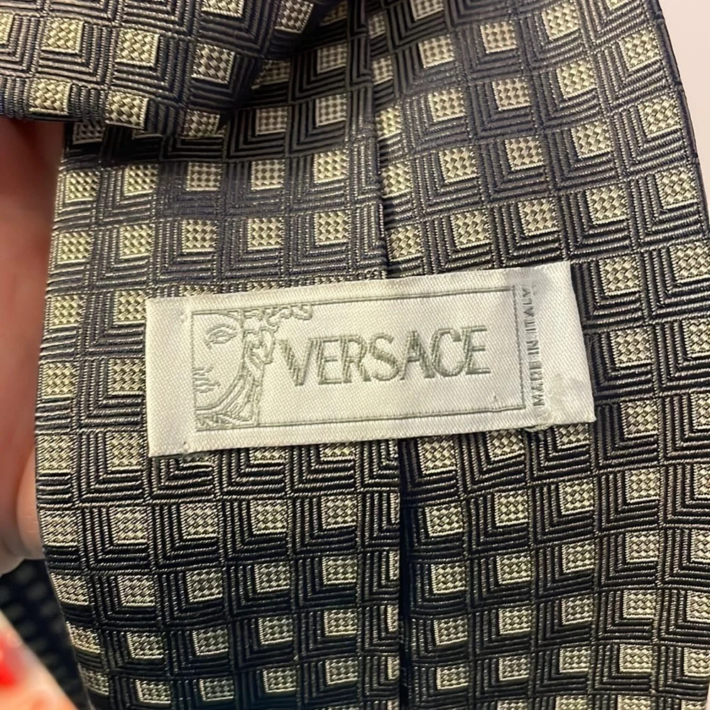 Versace Gray Silver Geometric Design Medusa Head Logo Silk Tie